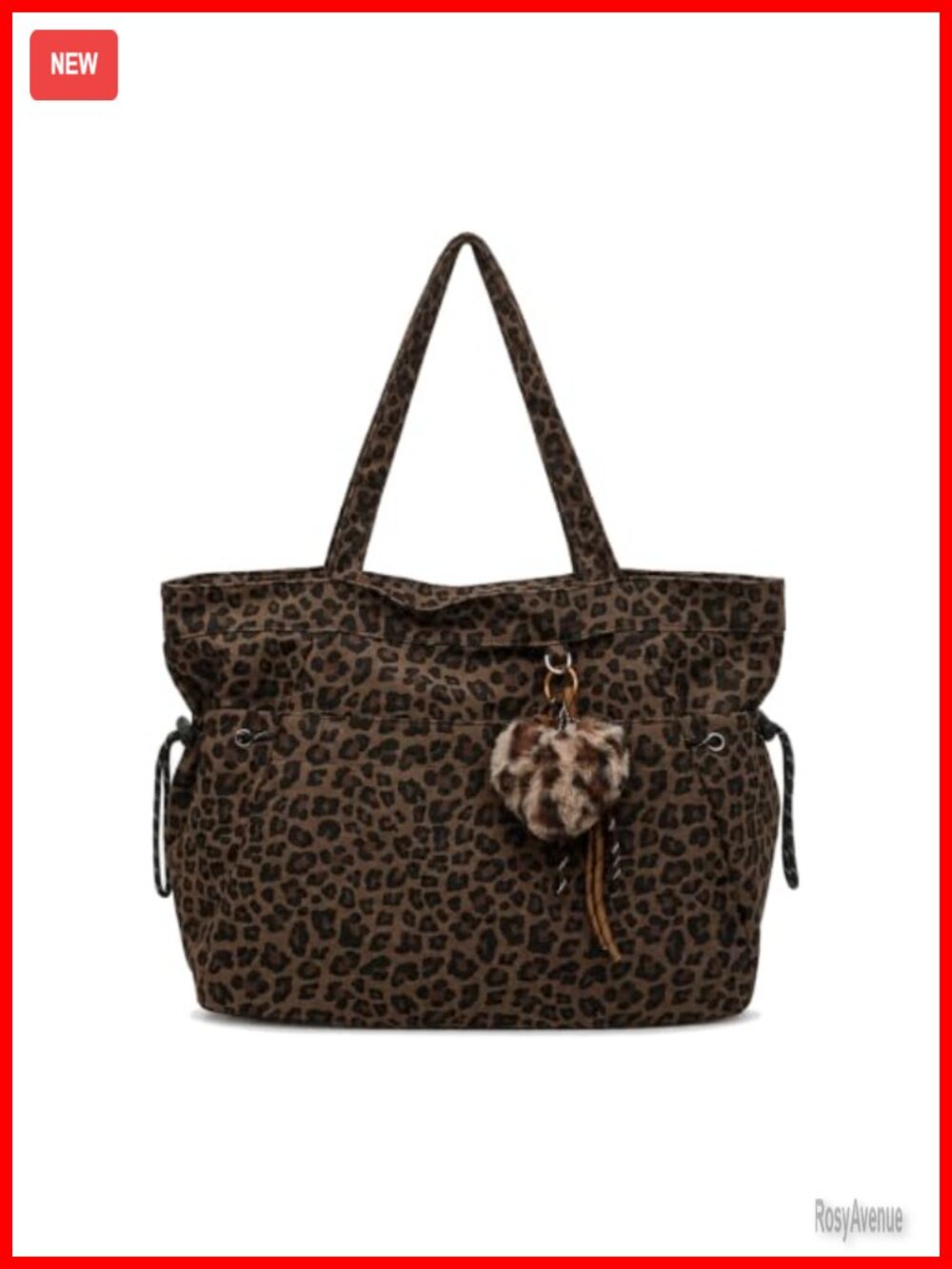 Leopard Print Canvas Tote Bag with Heart Plush Pendant Zipper Shoulder Bag